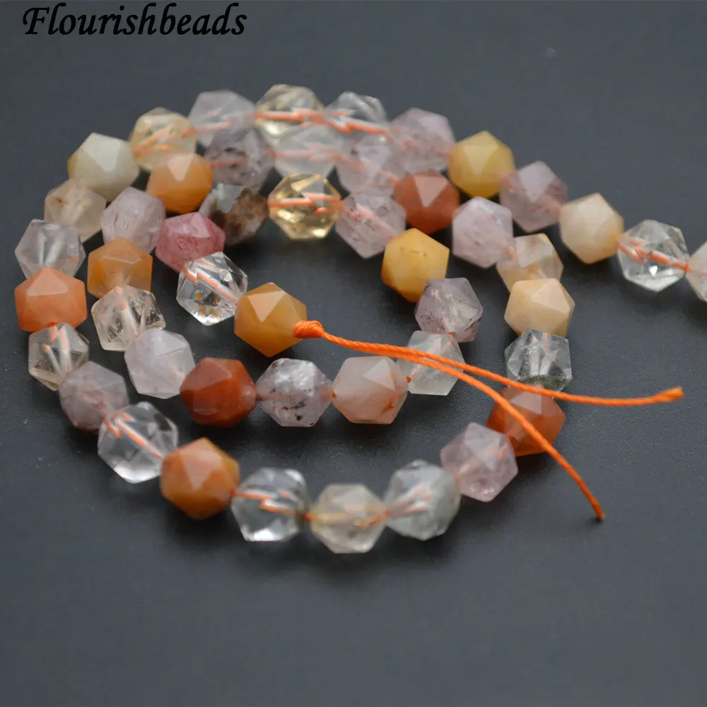 

6mm~12mm Natural Mix Color Rutilated Quartz Diamond Cutting Faceted Stone Round Loose Beads 3strands per lot