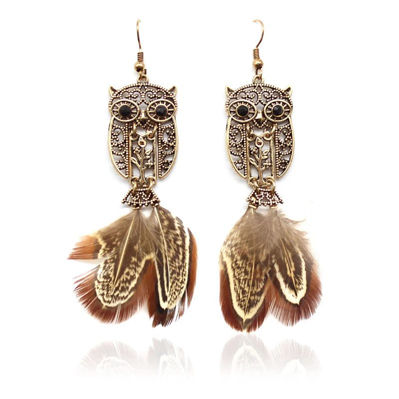 Креативные длинные серьги с перьями совы богемные падения темперамента