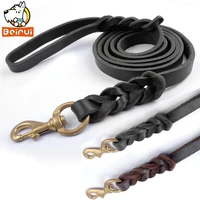 brownblack genuine leather dog long leash braided leather pet lead prevent bite