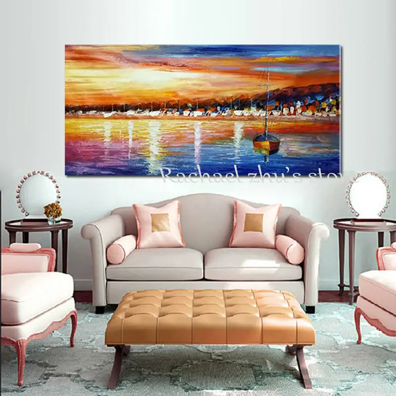 Большая Ручная роспись современные абстрактные морские лодки морской пейзаж