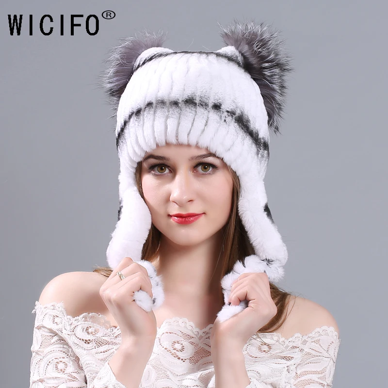 2019 Women Hat Winter Rex Rabbit Fur With Silver Fox Fur Cap Fashion Female Hat Ball Ball Decoration Knitted Bomber Hat