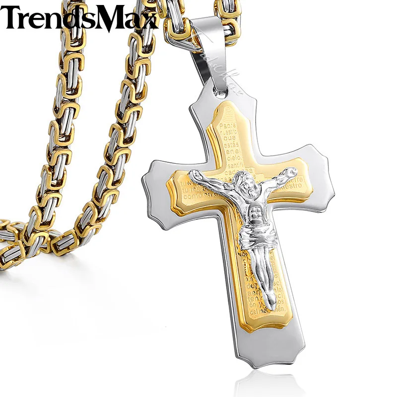 Trendsmax, ожерелье с подвеской в виде Креста Иисуса для мужчин, золото, серебро, нержавеющая сталь, Византийская Коробка, цепочка, ожерелье, мужские ювелирные изделия, подарок KPM141 - Окраска металла: Gold Silver KP622