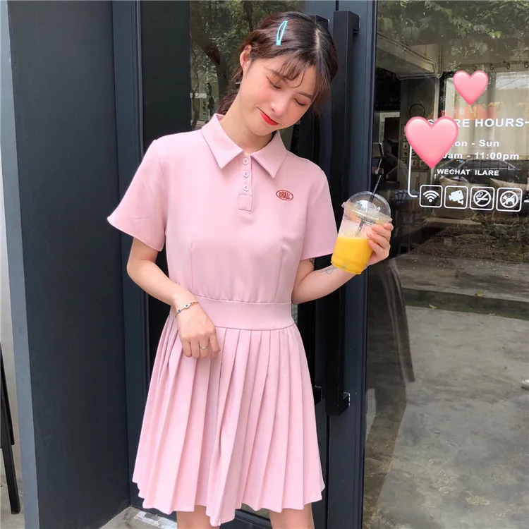 Женское платье с высокой талией, коротким рукавом, милое, воротник поло, вышивка буквами, мини-платье средней длины, плиссированное, студенческое платье