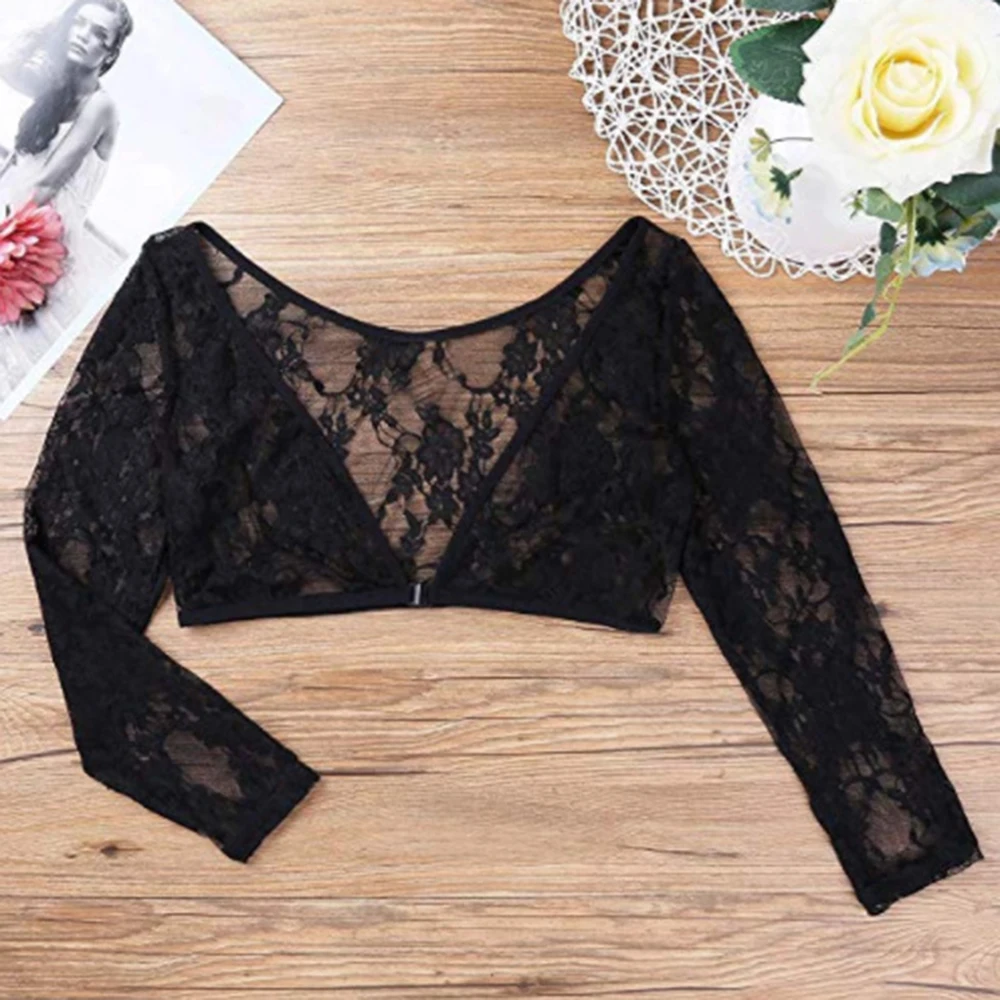 

Female Summer Short Lace Long Sleeved Navel V-neck Perspective Cotton Slim Black Thin Casual Black Flower Mesh Leisure Western