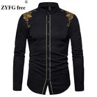 Рубашка мужская с вышивкой, Повседневная блуза из хлопка с длинным рукавом, с воротником-стойкой, европейские размеры