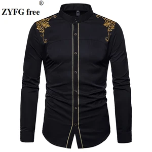 Рубашка мужская с вышивкой, Повседневная блуза из хлопка с длинным рукавом, с воротником-стойкой, европейские размеры