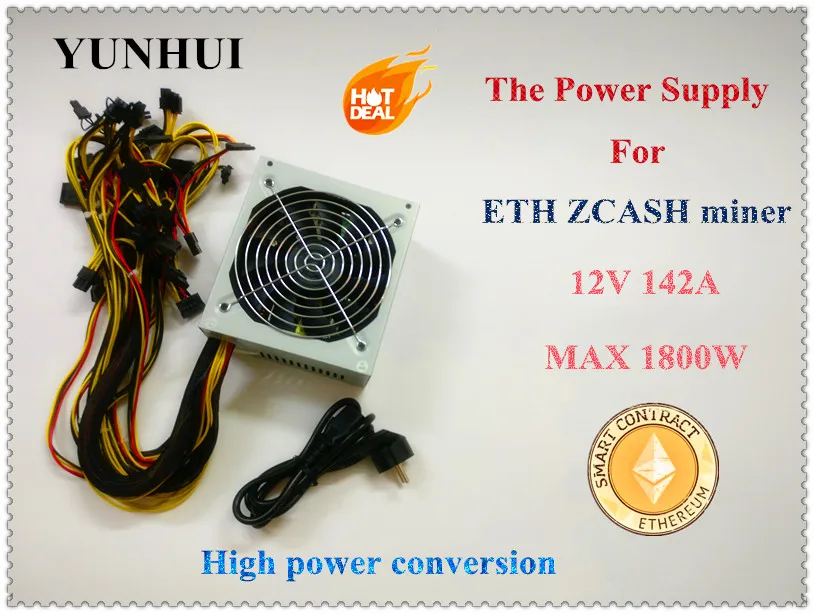 

YUNHUI ETH ZCASH SC MINER Gold POWER 1800W BTC power supply for RX 470 /570 RX480/580 6 GPU CARDS