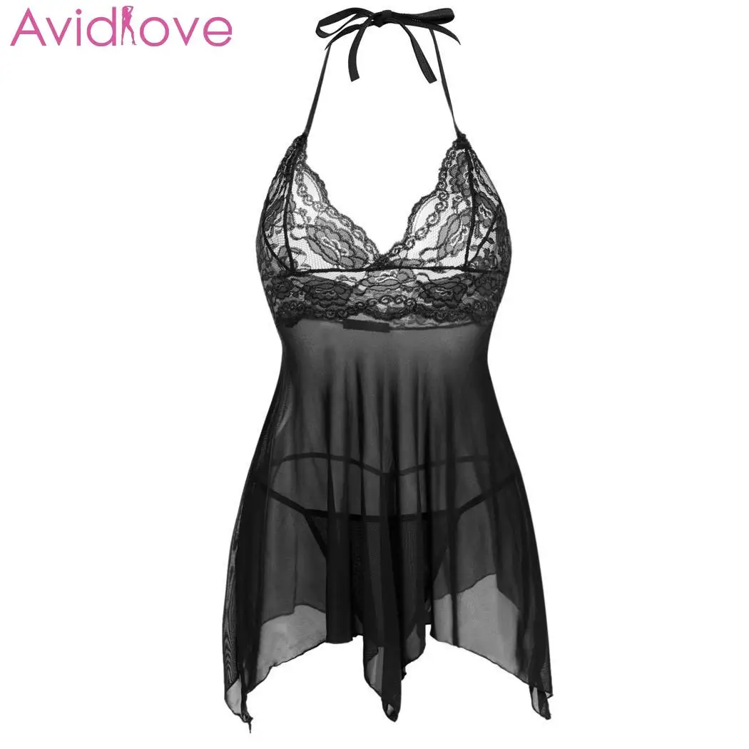 Black Avidlove, женское сексуальное нижнее белье, нижнее белье, летнее, v-образный вырез, горячее, Эротическое, платье Babydoll, S-XL, сексуальный костюм для женщин - Цвет: Black