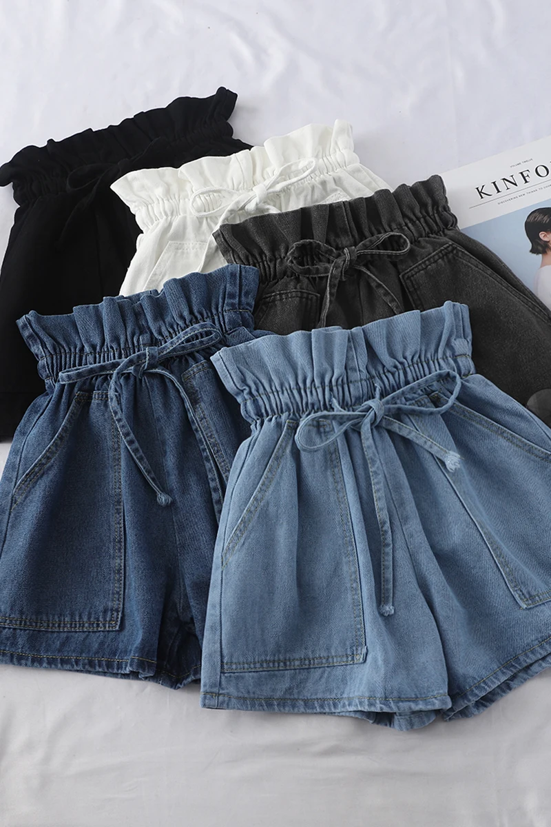 Джинсовые эластичные шорты с высокой талией летние синие белые студенческие