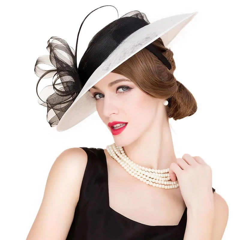 Шляпа женская льняная с широкими полями элегантная Федора цветами для церкви и