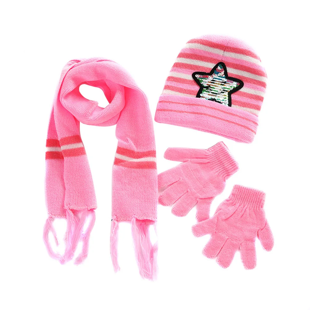 pink Детская зимняя теплая вязаная Круглая Шапочка шарф перчатки Набор блесток пентаграмма узор AIC88 - Цвет: pink