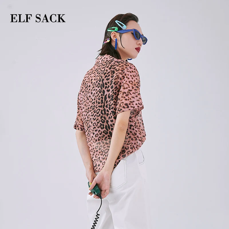 Женская леопардовая шифоновая рубашка ELF SACK Розовая летняя свободная блузка для