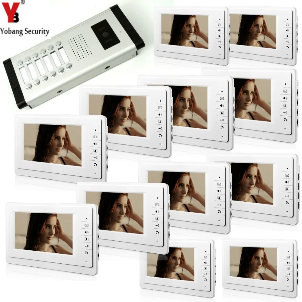 YobangSecurity 7 Inch Bedraad Video Deurtelefoon Visual Intercom Deurbel met 12 * Monitor + 1 * Camera Voor 12 eenheden Appartement Intercom