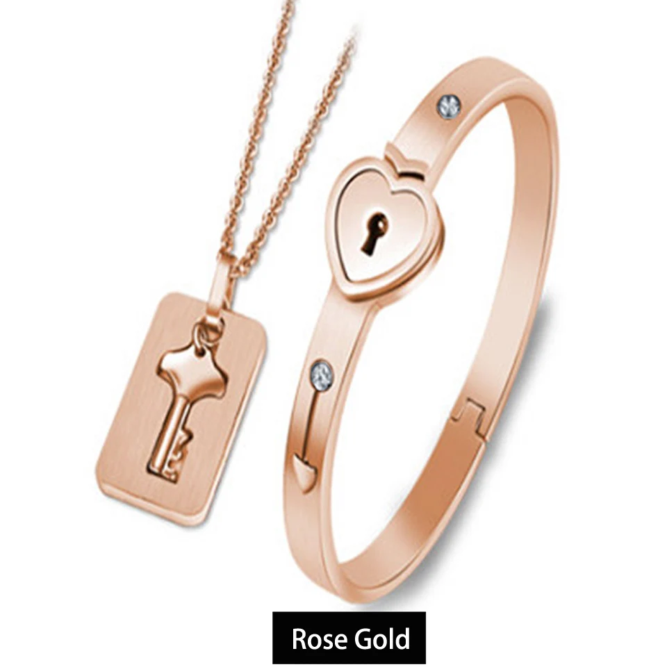 Rose Gold Розовое золото пара ювелирных изделий наборы из нержавеющей стали любовь сердце замок браслеты и браслеты ожерелье с подвеской в виде ключа влюбленных пар набор - Окраска металла: Rose Gold