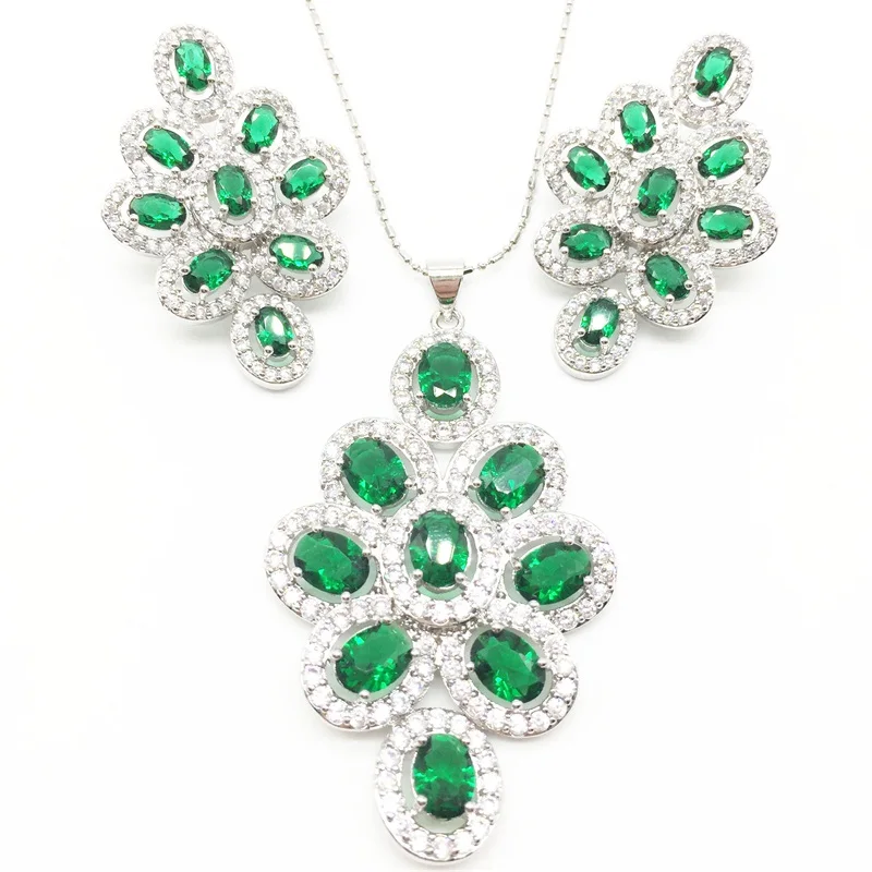 Cubic Zirconia Indian Silver 925 Jewelry Sets For Women Green Big CZ Created pendant Necklace And Earring Ladies | Украшения и