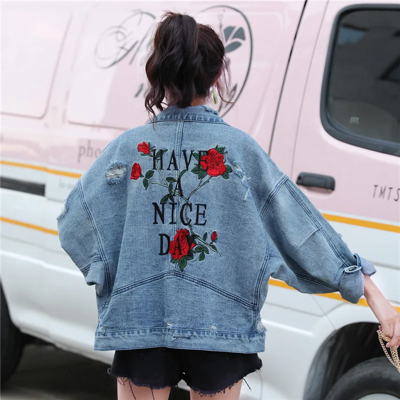 

Vintage Flowers Embroidery Female Jacket Denim Jacket Women Jackets Rose Fashion Jean