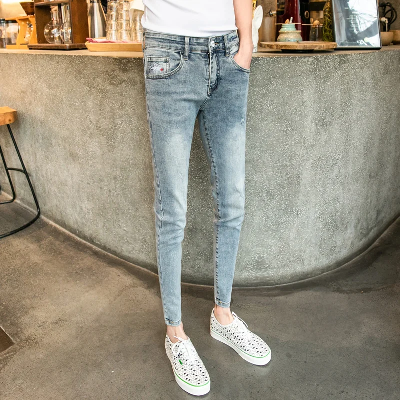 Новинка 2019 корейские Молодежные повседневные джинсы приталенные Мужские