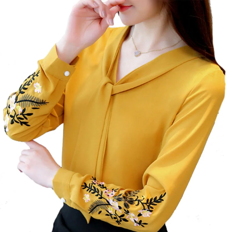

Embroidery Women Summer Style Chiffon Blouses Shirts Lady Casual Long Sleeve Mesh Patchwork Blouse Top Feminine