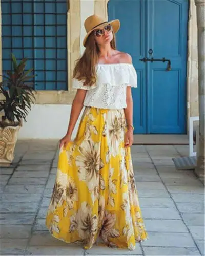 

Women Floral Chiffon maxi Skirt Ladies High Waist Evening Party Long Skirts Summer Beach Wear Woman Clothes 2019