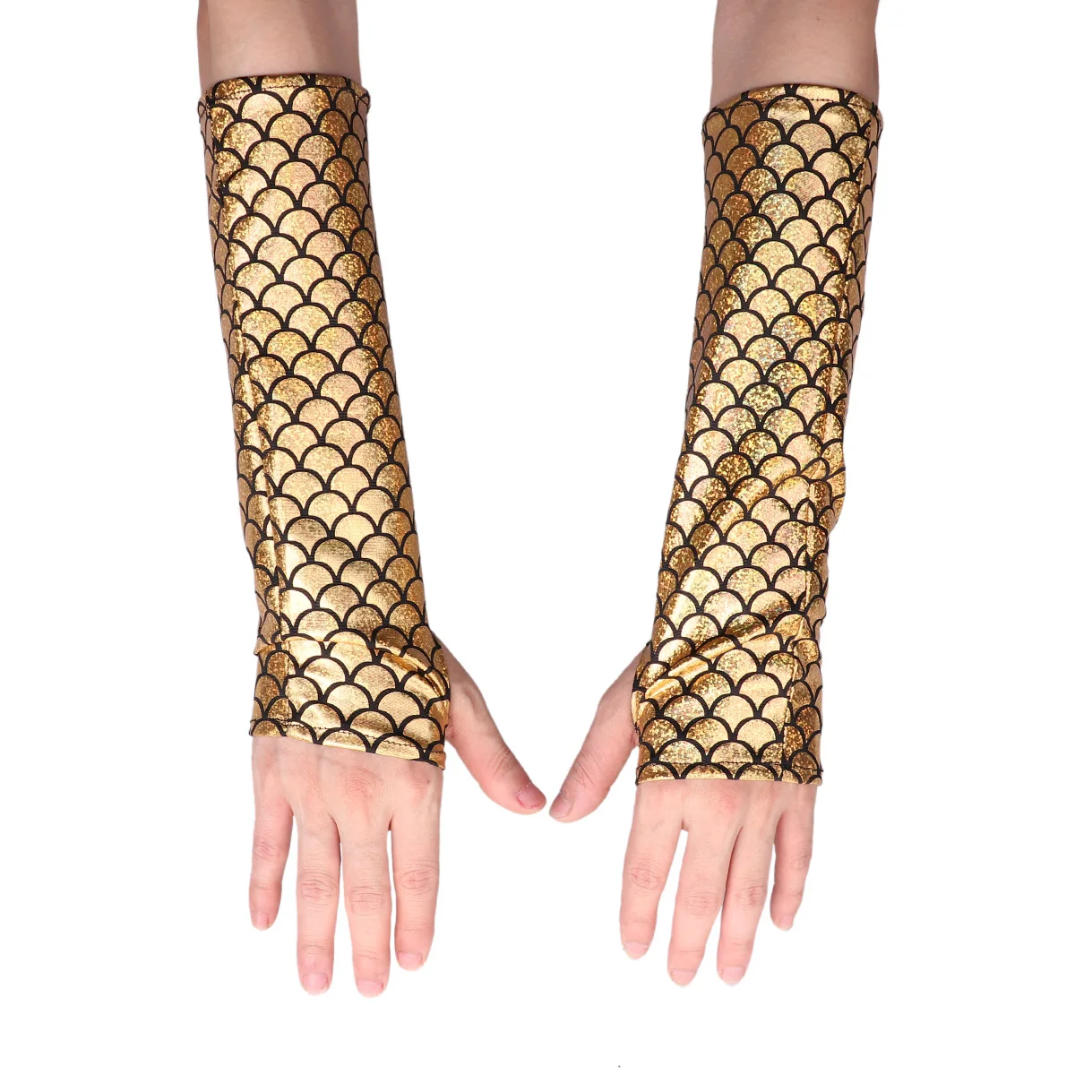 Adult Mermaid Arm Sleeves Gloves Fish Scale Pattern Printed Fingerless Long Gloves Arm Sleeves Halloween Costume Accessory