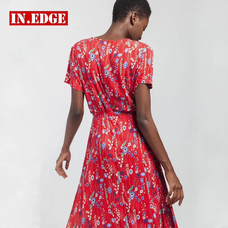 Summer Beach Long Dresses Women Flower Floral Maxi Split Elegant Dress Sexy Deep V Neck Party Evening Red Bodycon Belt Женская одежда