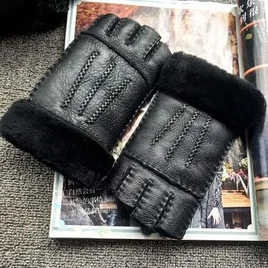 black Женские осенне-зимние Утепленные перчатки с шерстяной подкладкой, женские цельные перчатки из натуральной овчины, кожаные меховые перчатки для вождения R586 - Цвет: black