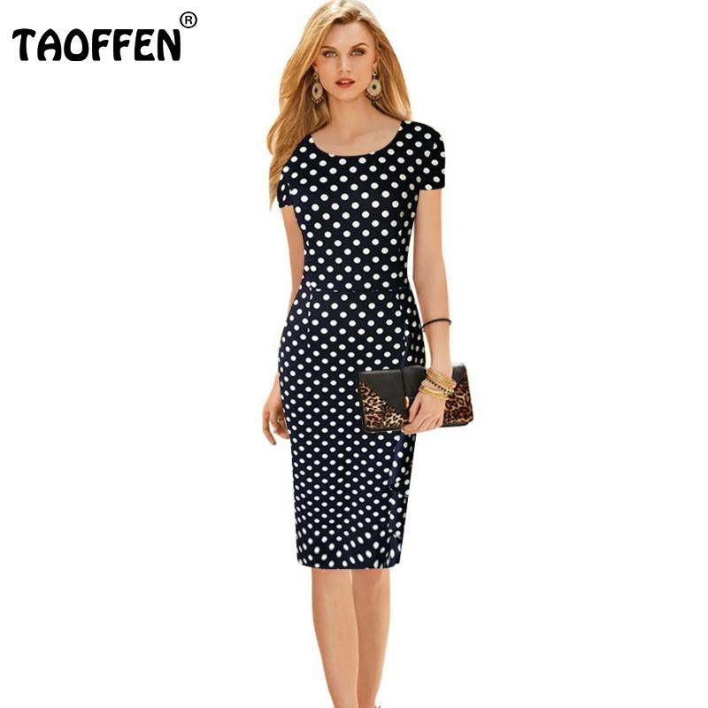 Старинные женские платья женщин bodycon dot круглым воротом с коротким рукавом длиной