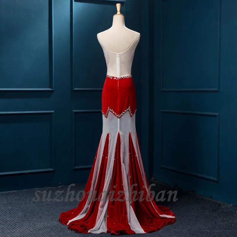 Sheer Neck Evening Dresses Tulle Velvet Crystal Beads Floor Length Vestido De Festa Backless Prom Dress Mermaid | Свадьбы и