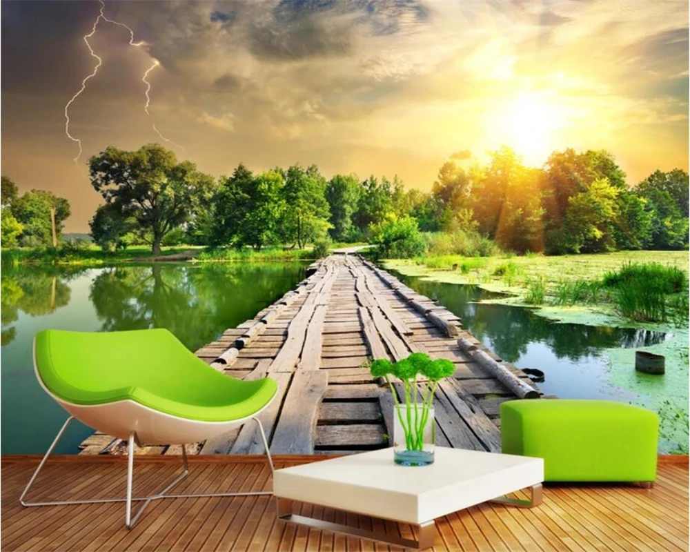 Обои на заказ 3D росписи фото пруд лотоса деревянный мост пейзаж гостиной спальни стены Papel де parede|Обои| |