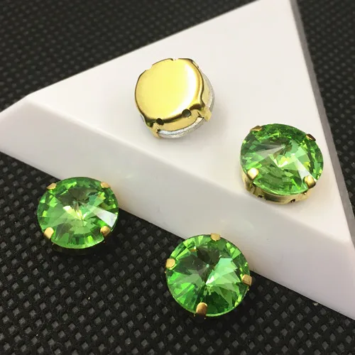 peridot Круглый Rivoli пришить стразы с золотой коготь настройки 6 8 10 12 14 16 мм Стеклярус для шитья камни для Одежда - Цвет: peridot