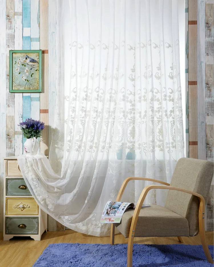 

European White Embroidered Voile Curtains Bedroom Sheer Curtains for Living Room Tulle Window Curtains/Panels Window Screening