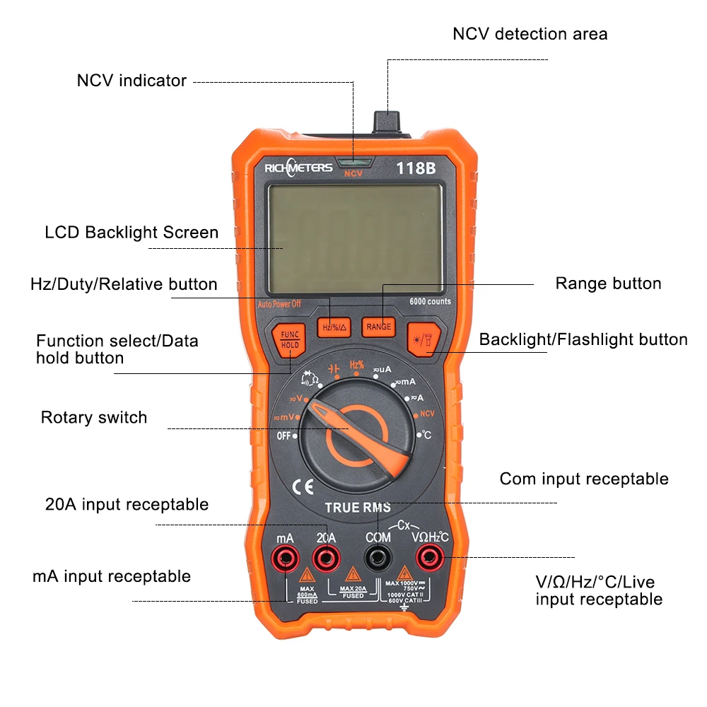 Цифровой мультиметр рихметров 118C 20A 6000 отсчетов NCV HFE True-RMS 100mF емкость магнит AC/DC Напряжение Ток температура