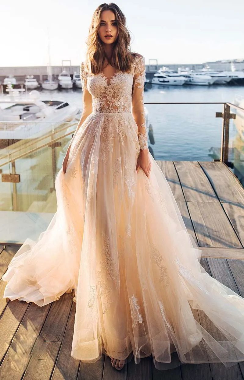

LORIE Light Champagne Wedding Dress Long Sleeves Appliqued Bride Dress A-Line Tulle Bride Wedding Gowns Wedding Gowns Boho