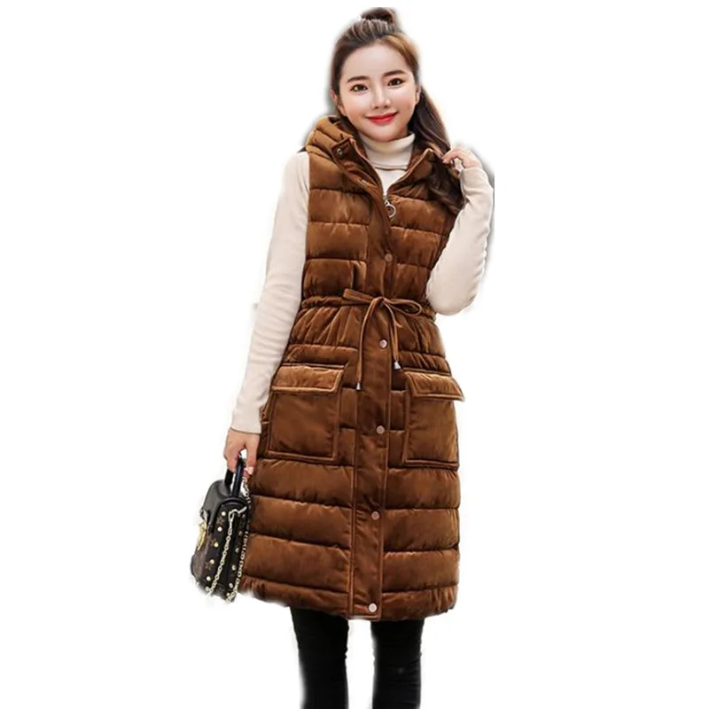 

High Quality 2018 New Pleuche Winter Women Medium-Long Vest Female Hooded Button Waistcoat Down Cotton Vest With Belt Mujer Q461