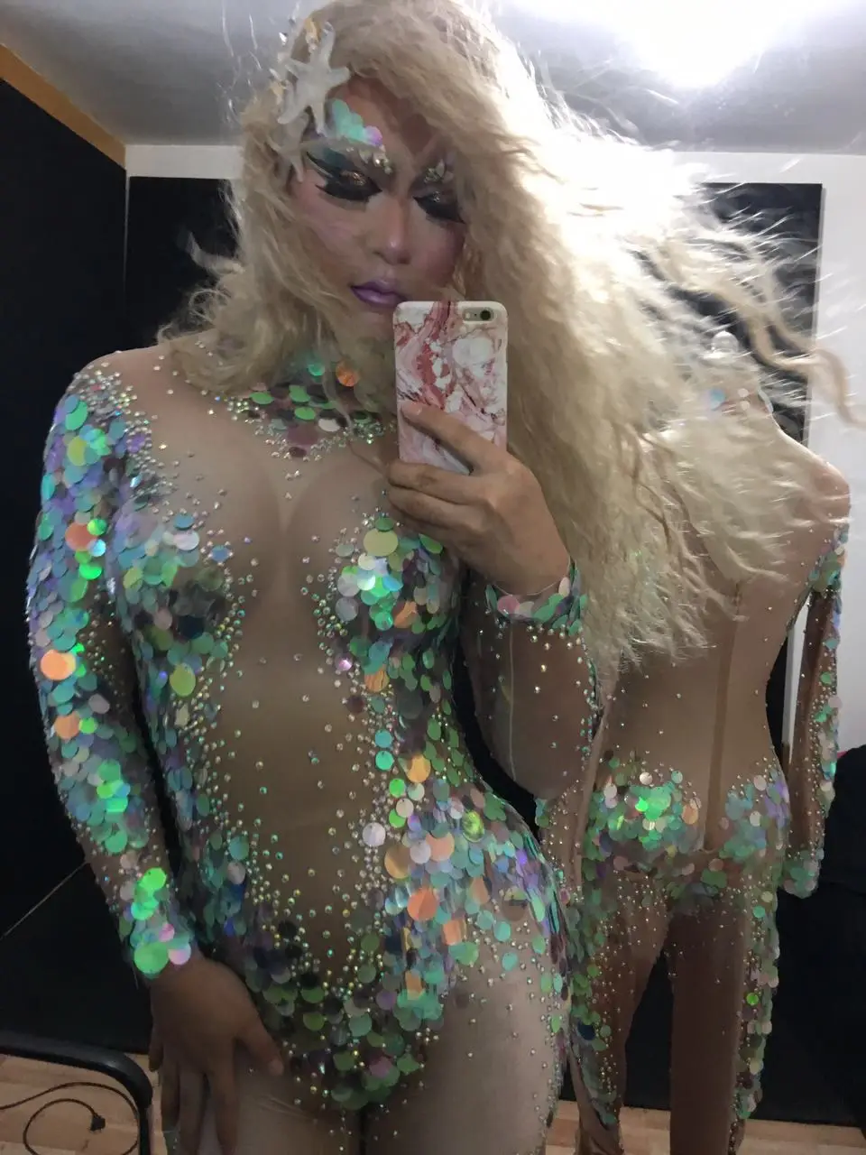 Mermaid Big Sequins Bodysuit Sexy Leggings Crystals Jumpsuit Party Costume Stage Performance Rhinestones Big Stretch Rompers