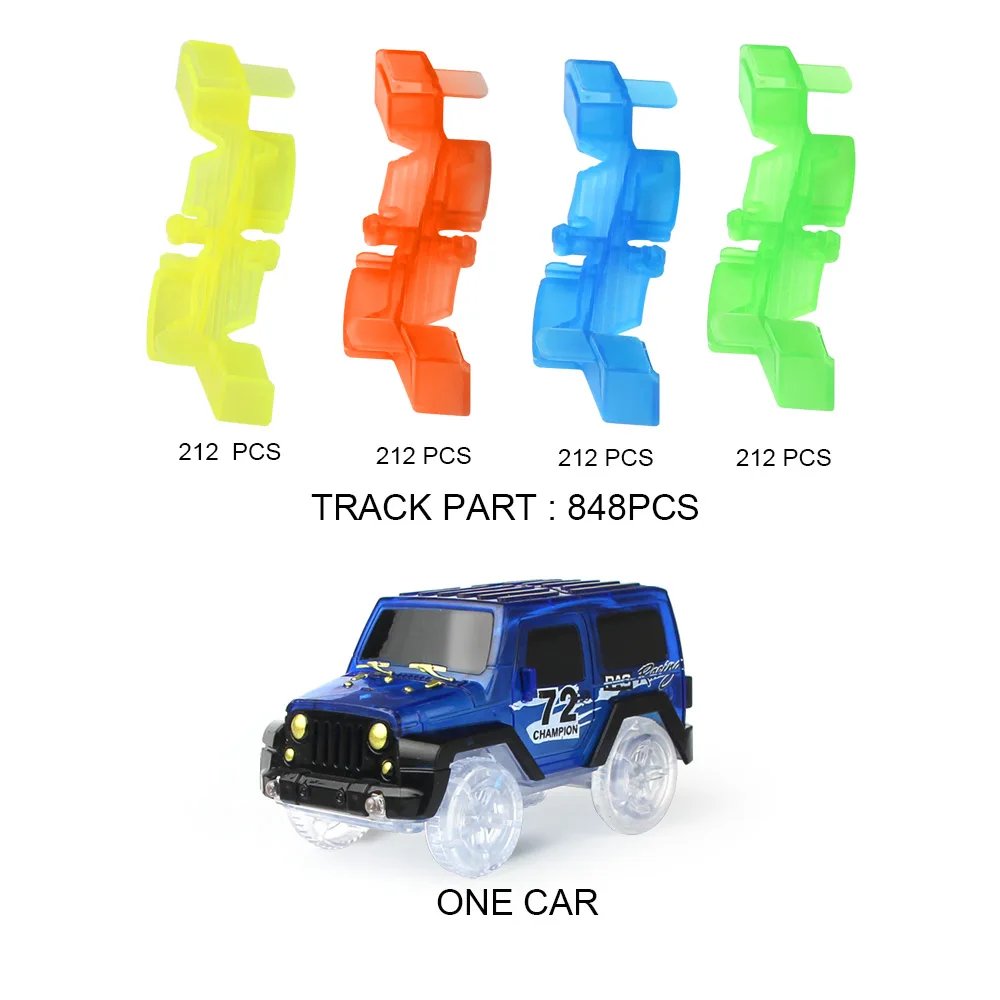 848 track 1 blue car Светящийся в темноте гоночный автомобиль Трек светодиодный мигающий автомобиль модель DIY сборка отслеживающий рельс гибкий Железнодорожный игрушечный транспорт для детей - Цвет: 848 track 1 blue car