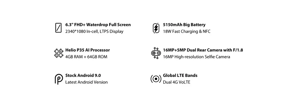 Смартфон UMIDIGI POWER 4G Phablet 6,3 дюймов Android 9,0 Helio P35 Octa Core 2,3 ГГц 4 Гб ОЗУ 64 Гб ПЗУ 16,0 Мп фронтальная камера 5150 мАч