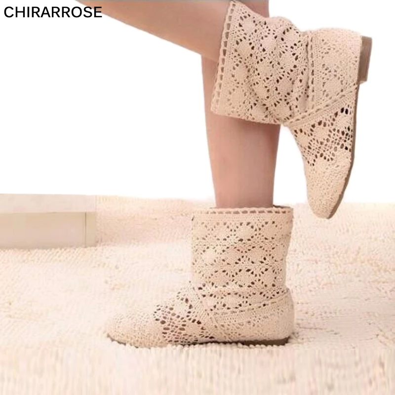 Женские Ажурные вязаные марлевые сапоги CHIRARROSE с круглым носком осенние Женская