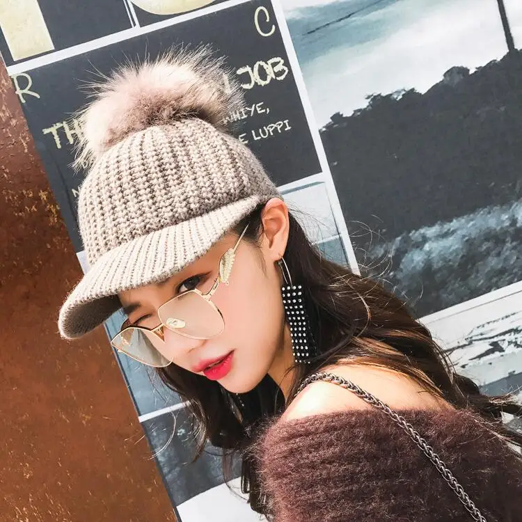 Fashion Big Hairball Baseball Caps for Women and Girl Autumn Winter Warm Knitted Hairy Hats Adjustable Wool Snapback Cap