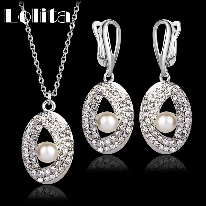 Белый Цвет Золота Австрийский хрусталь Глаза С Жемчужное Ожерелье Серьги