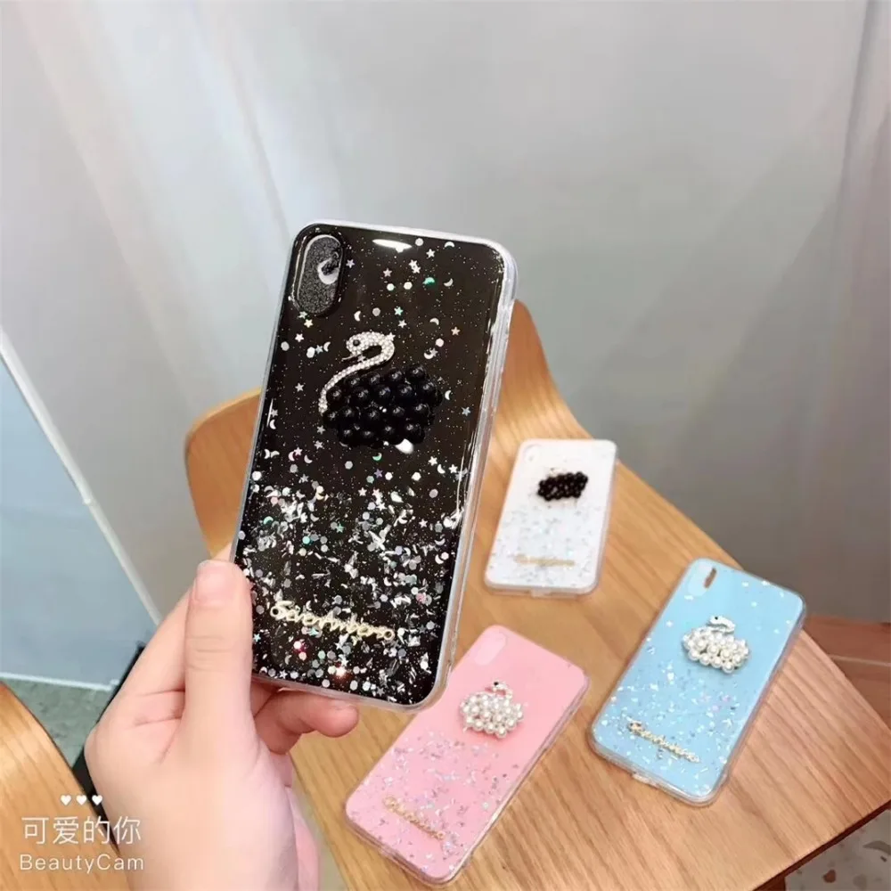 Новый Модный чехол с лебедем и бриллиантом для iphone 6 s 7 8 Plus X XR XS MAX розовый синий