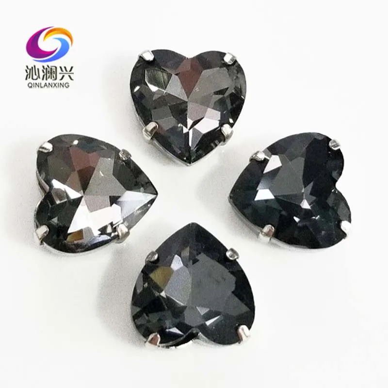 

Gray heart shape top quality Glass Crystal claw rhinestones,sew on stone with holes for Diy Clothing accessories SWH03