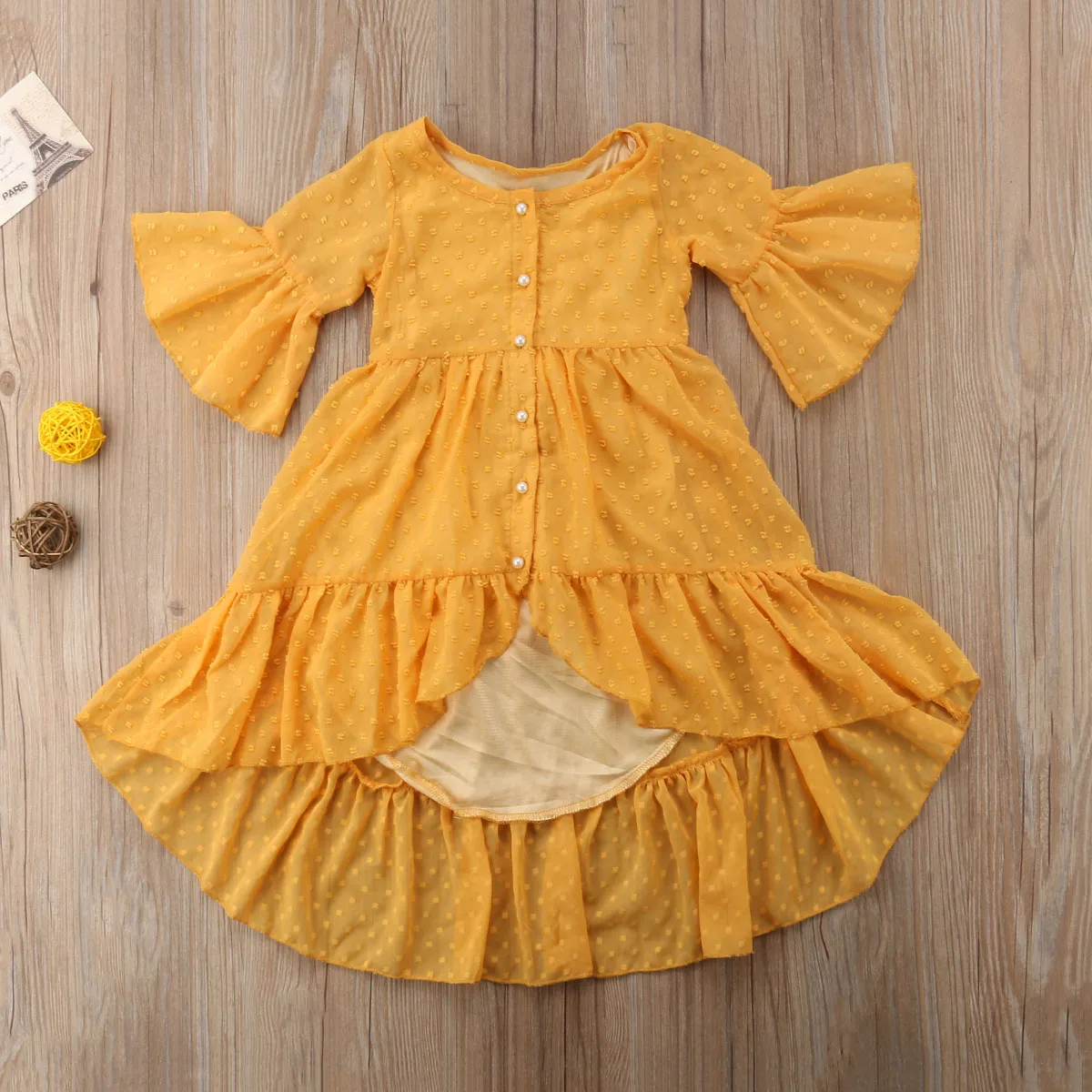 2018 Princess Fashion Toddler Baby Girls Boho Party Dress Long Flare Sleeve Single Breasted Ruffles A-Line Yellow 1-5Y | Детская одежда