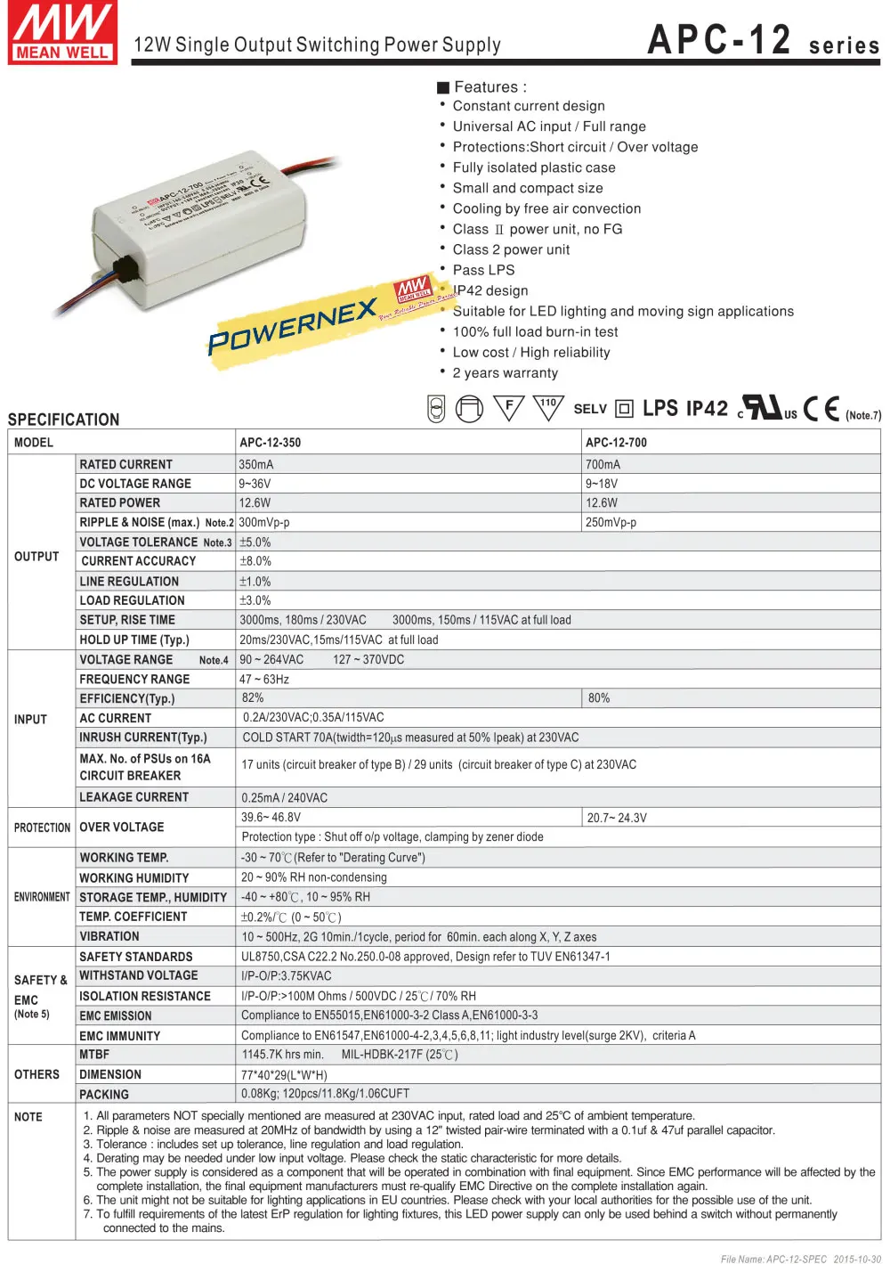 [PowerNex] Мощный оригинальный источник питания APC-12-350 9 ~ 36 В 350 мА meanwell APC-12 12 6 Вт |