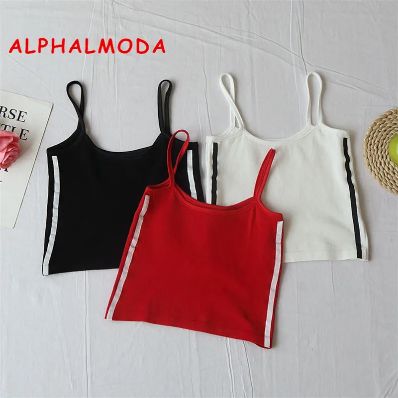 Женский спортивный укороченный топ ALPHALMODA трикотажный облегающий в полоску на