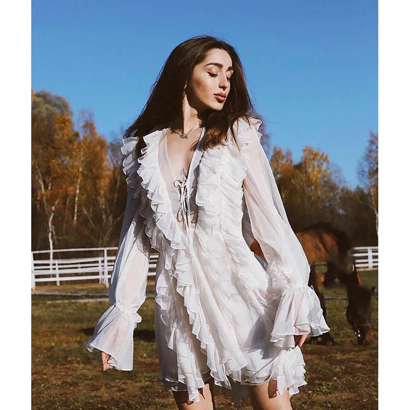 DEAT 2020 spring and summer fashion ruffles leaf flare sleeves bow collar sweet girl's dress V-neck sexy vacation WD57300L | Женская