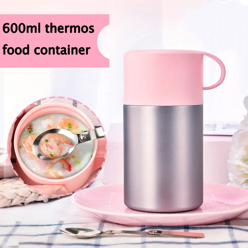 600ml stainless steel thermos food container inox folden spoon termos kid flask lunch box bento thermo outdoor insulate jar | Дом и сад