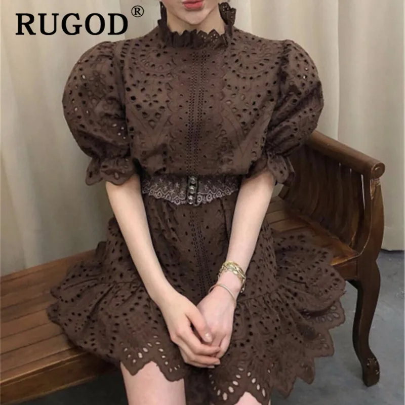 Женское кружевное платье RUGOD элегантное прямое с рукавами фонариками и оборками