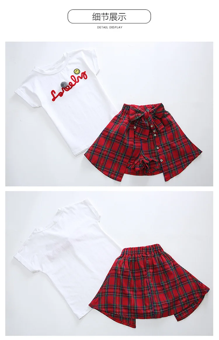 Children's Set Summer Girls Short Sleeve White Tops+ Red Grid Culottes Two Piece Suit Teen Clothes for Girls 8 9 10 11 12 Years