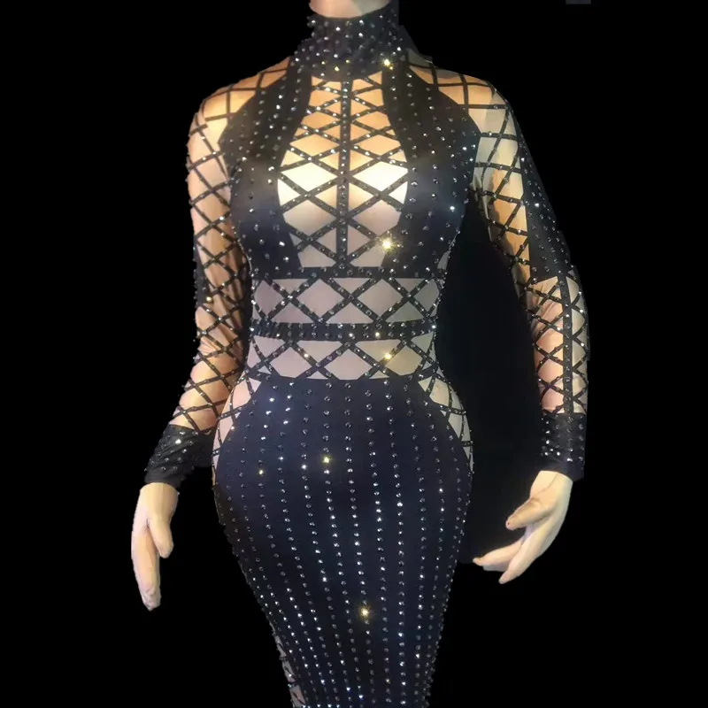 Sexy Grid Rhinestones Women Pencil Dress Long Sleeves Stretch Party Bodycon Dress Stage Singer Costumes Crystals Nightclub Dress